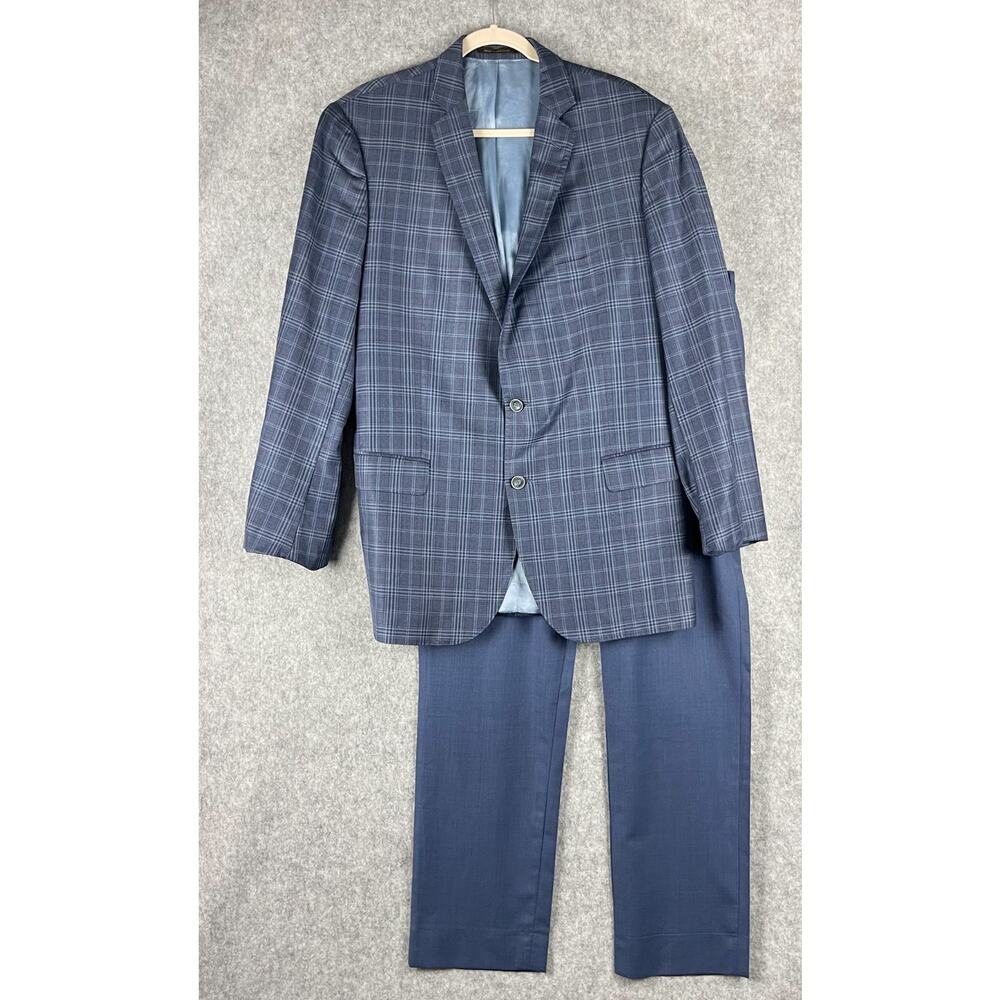 J.Hilburn Wool 2 Piece Suit Blazer Blue Plaid 43R Pant‎ 34x30 Bespoke